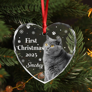 First Christmas With Cute Puppy And Snowflakes Custom Cat Photo Heart Glass Ornament CH07 896780