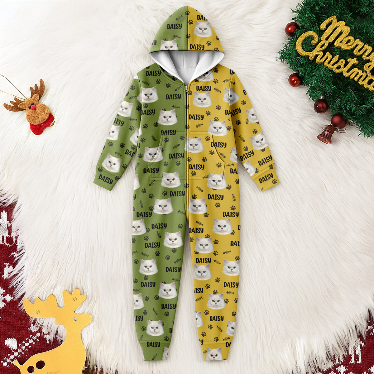 Custom Cat Face Photo Red Green Onesie Pajamas HO82 900384