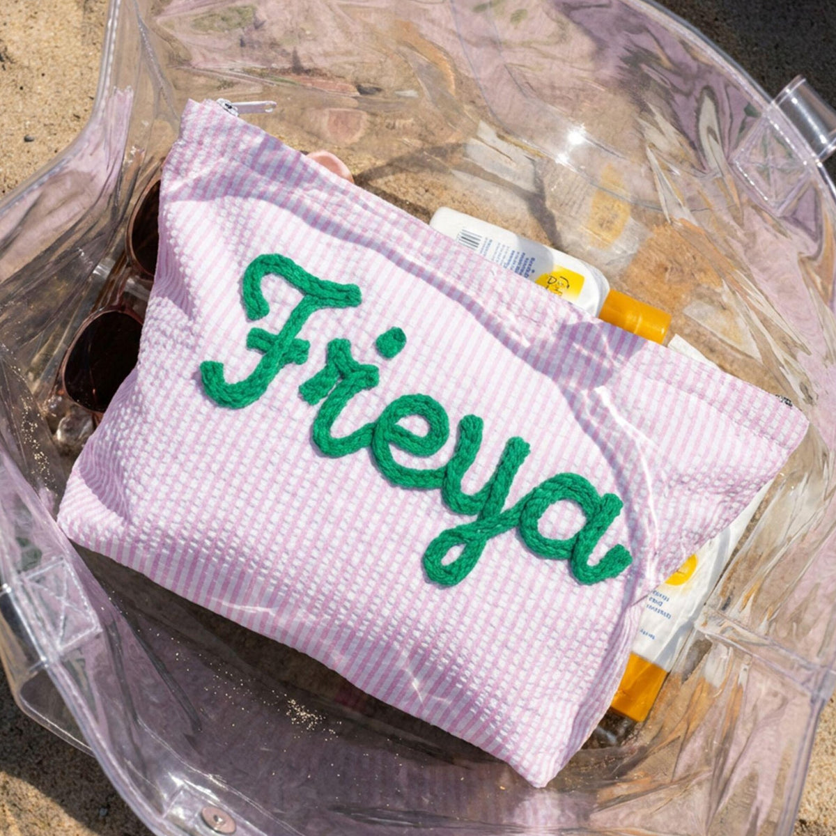Personalized Name Seersucker Makeup Bag - Gift For Mom, Girlfriend, Women, Summer Gift HO82 902064