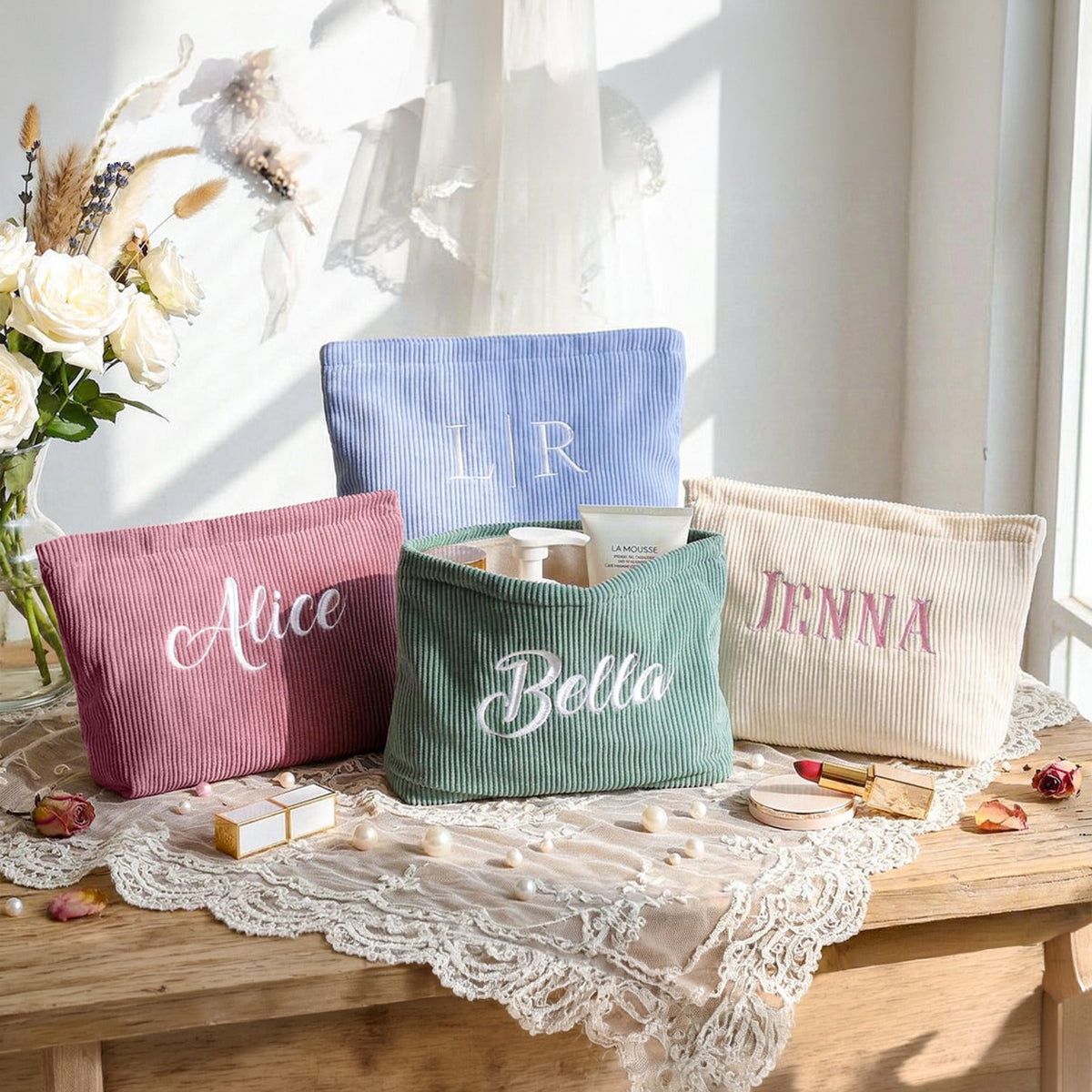Personalized Name Embroidered Corduroy Makeup Bag - Gift For Mom, Girlfriend, Women, Summer Gift HO82 902190