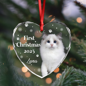 First Christmas With Cute Puppy And Snowflakes Custom Cat Photo Heart Glass Ornament CH07 896780