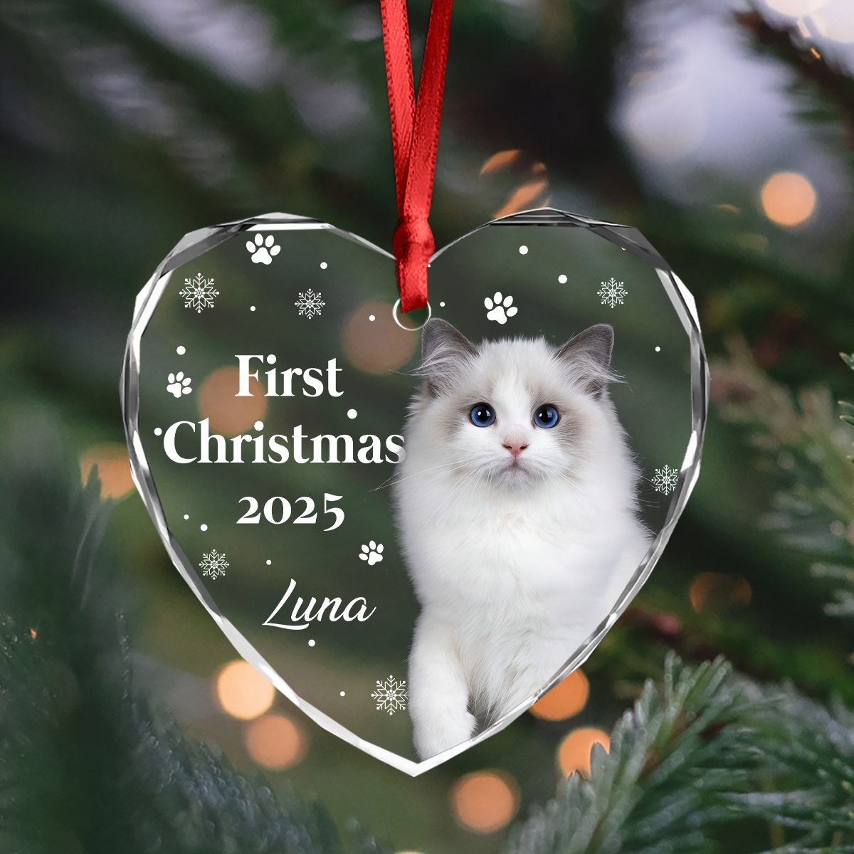 First Christmas With Cute Puppy And Snowflakes Custom Cat Photo Heart Glass Ornament CH07 896780