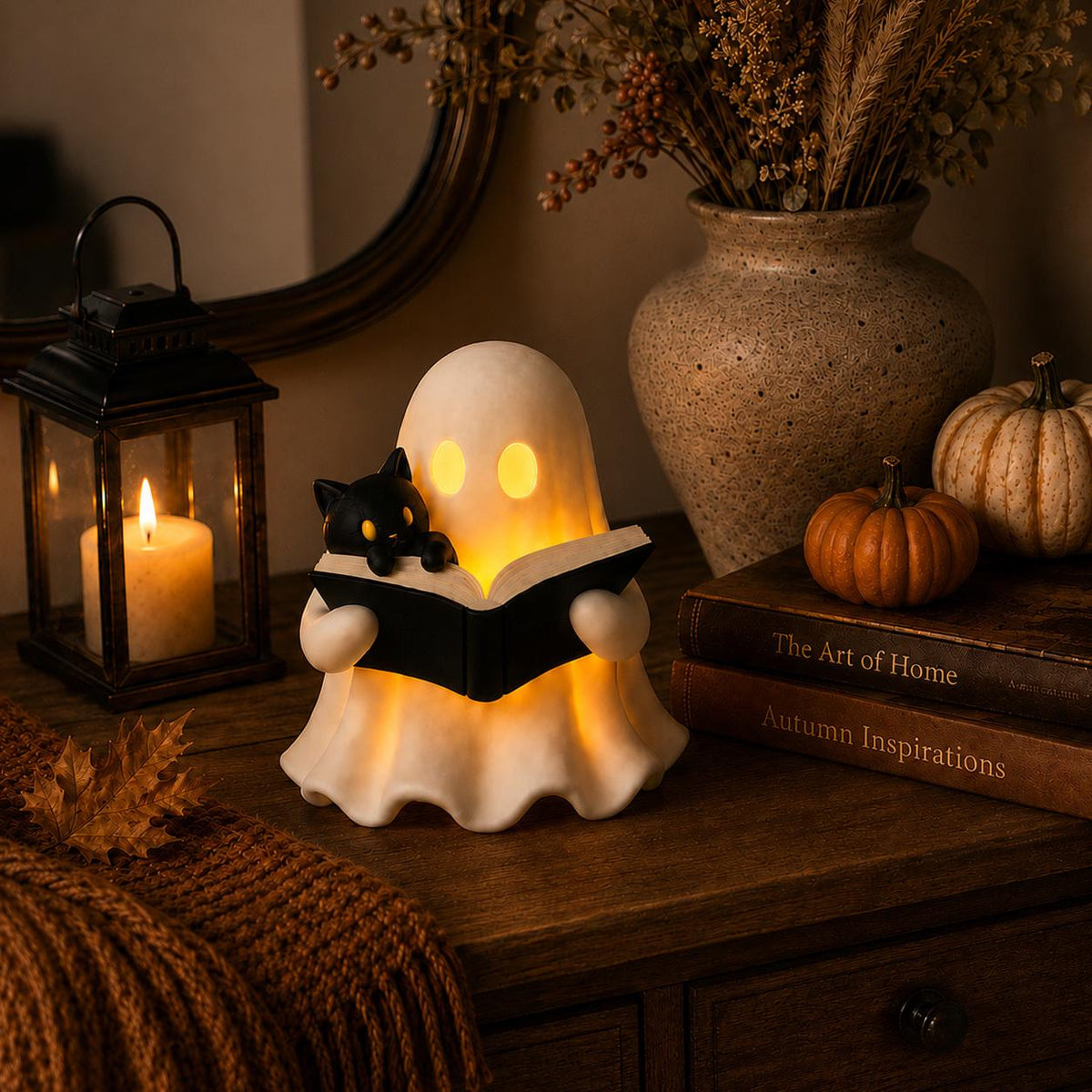3D Printed Ghost Reading Book Figurine – Cozy Cat, LED Tealight Decor