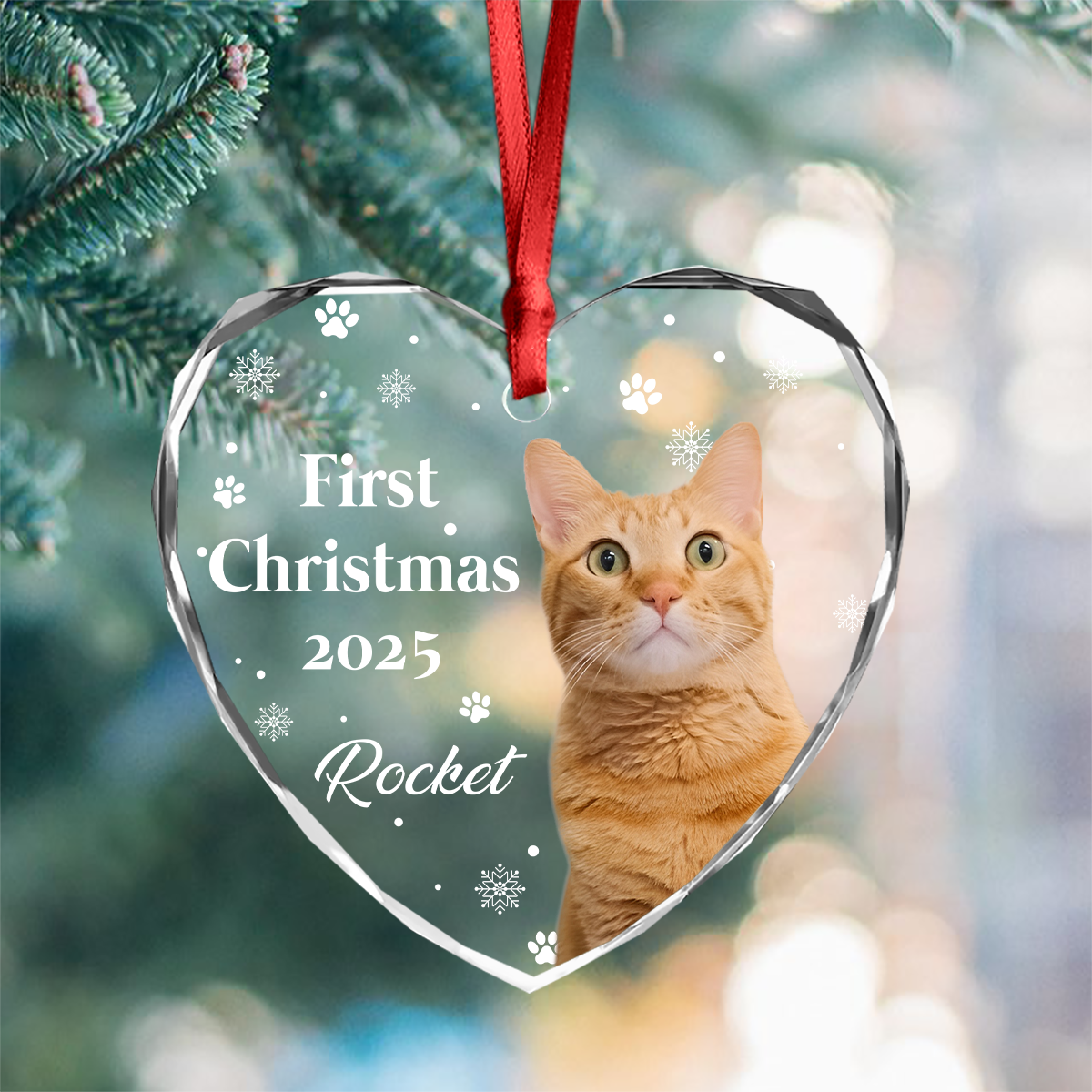 First Christmas With Cute Puppy And Snowflakes Custom Cat Photo Heart Glass Ornament CH07 896780