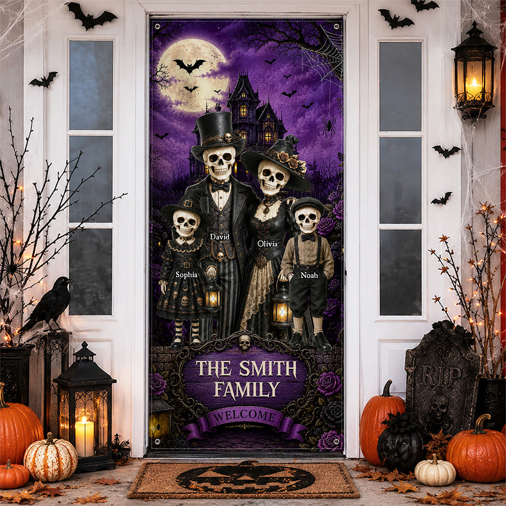 Personalized Gothic Skeleton Family Halloween Door Cover - Custom Family Name Halloween Decor CH07 180196