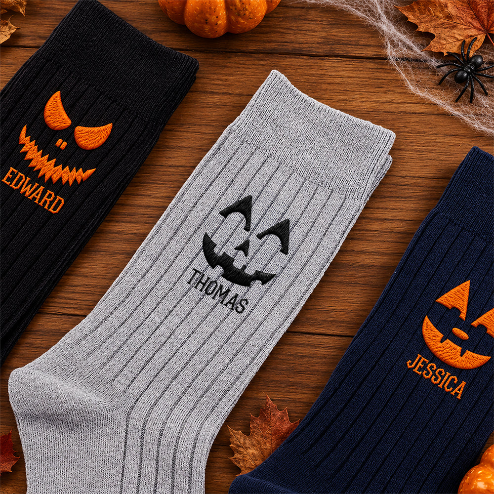 Personalized Name Scary Pumpkin Face Embroidered Socks, Personalized Halloween Gift HA75 919152
