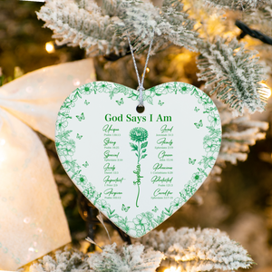 God Says You Are Christian Toile De Jouy Birth Flower Personalized Heart Shaped Ceramic Ornament HA75 897160