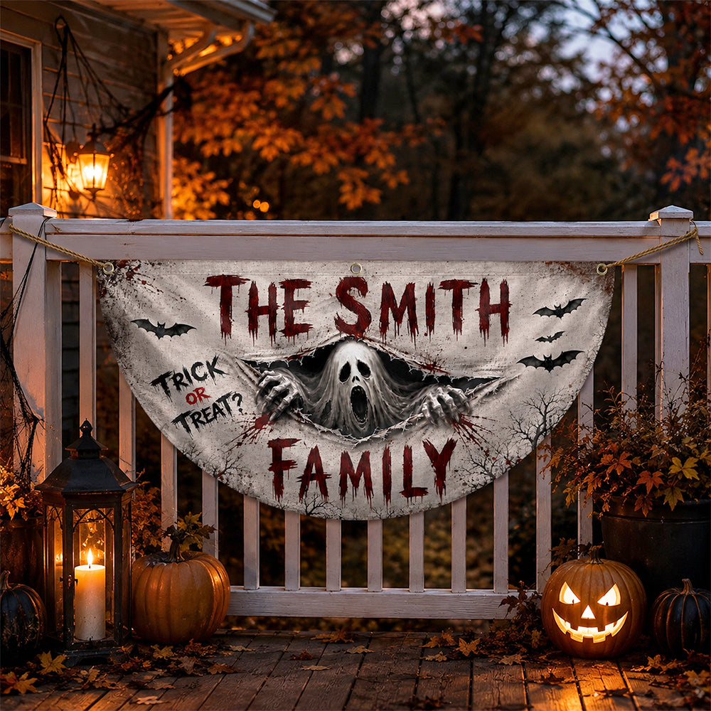Custom Family Name Spooky Halloween Non-Pleated Fan Flag Trick or Treat Outdoor Hanging Banner LM32 669635
