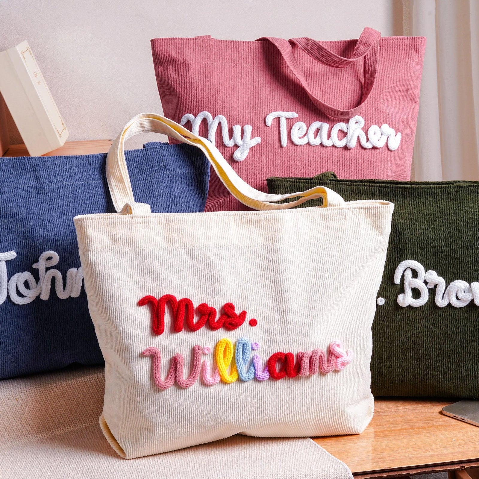 Personalized Mrs. Corduroy Yarn Tote Bag, Teacher Appreciation Gift LM32 669275