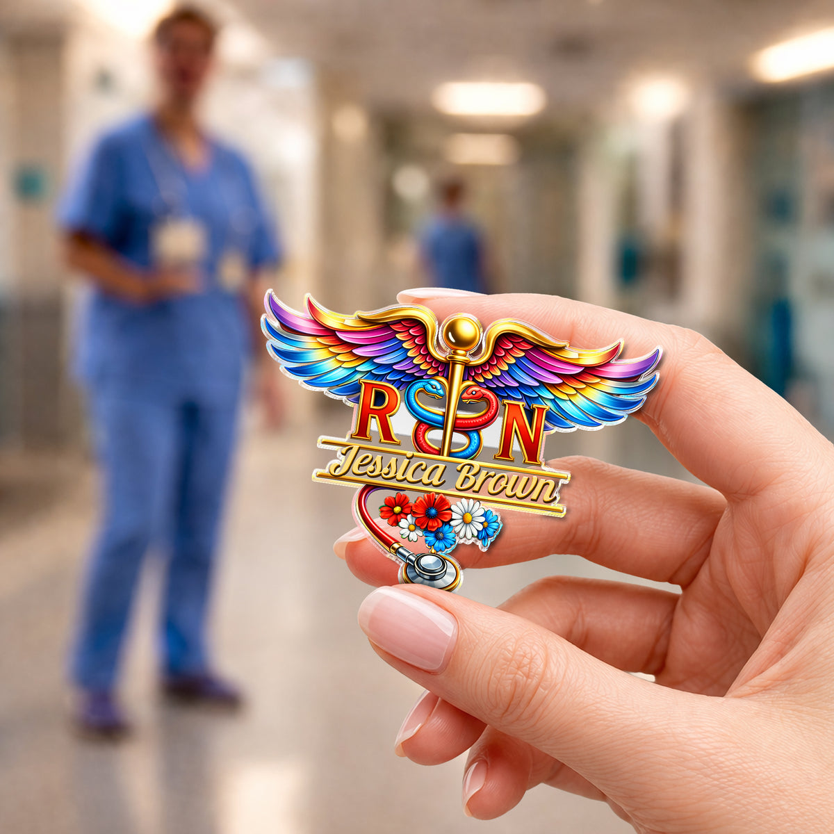 Custom Name RN Nurse With Caduceus Wings & Stethoscope Acrylic Pin HO82 901964
