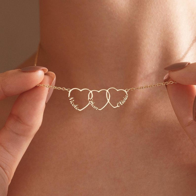 Family Name Necklace with Heart, Multiple Hearts Necklace, Kids Names Jewelry for Mom TH10 169157