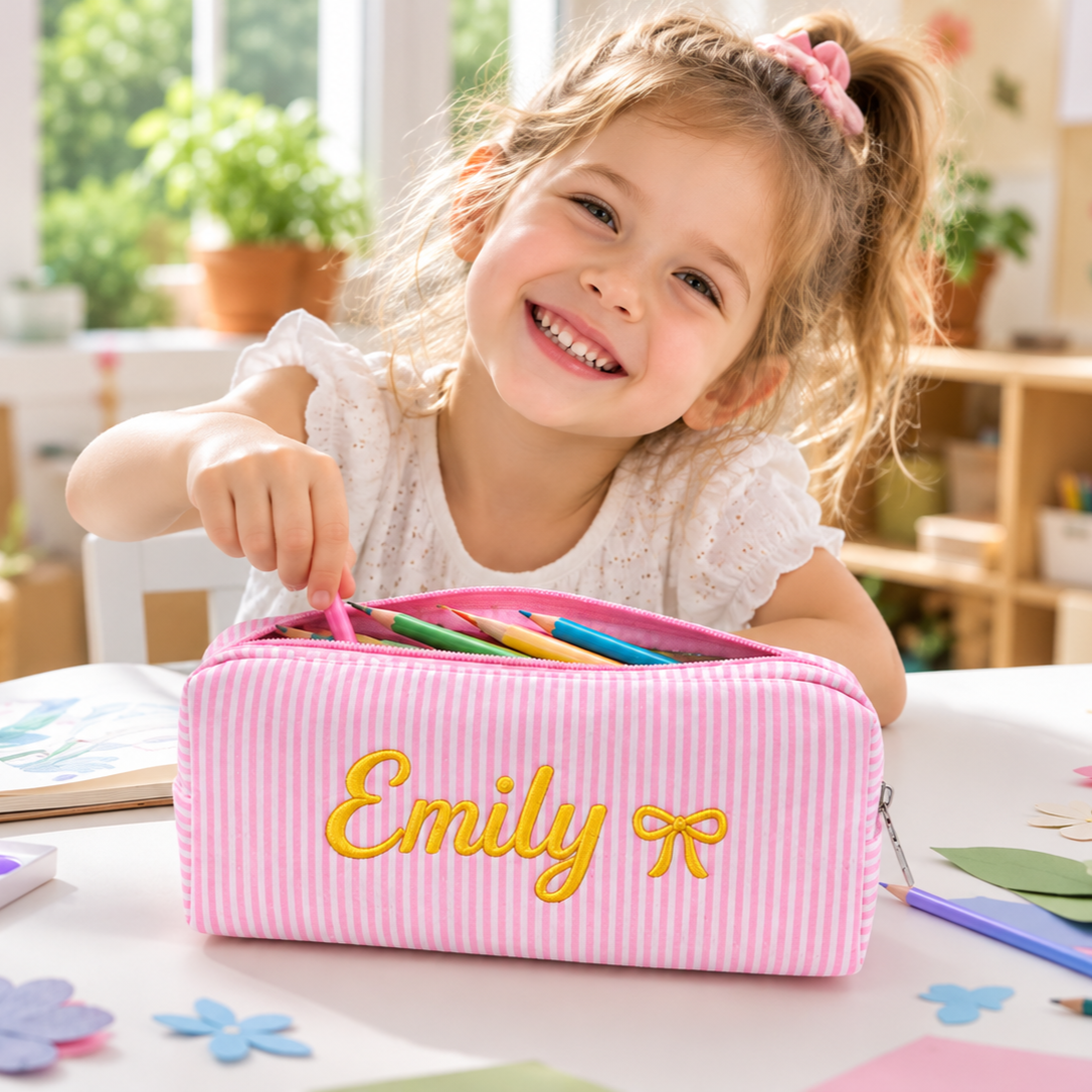 Custom Name Embroidered Seersucker Pencil Case, Back to School Gift, School Organizer LM32 669655