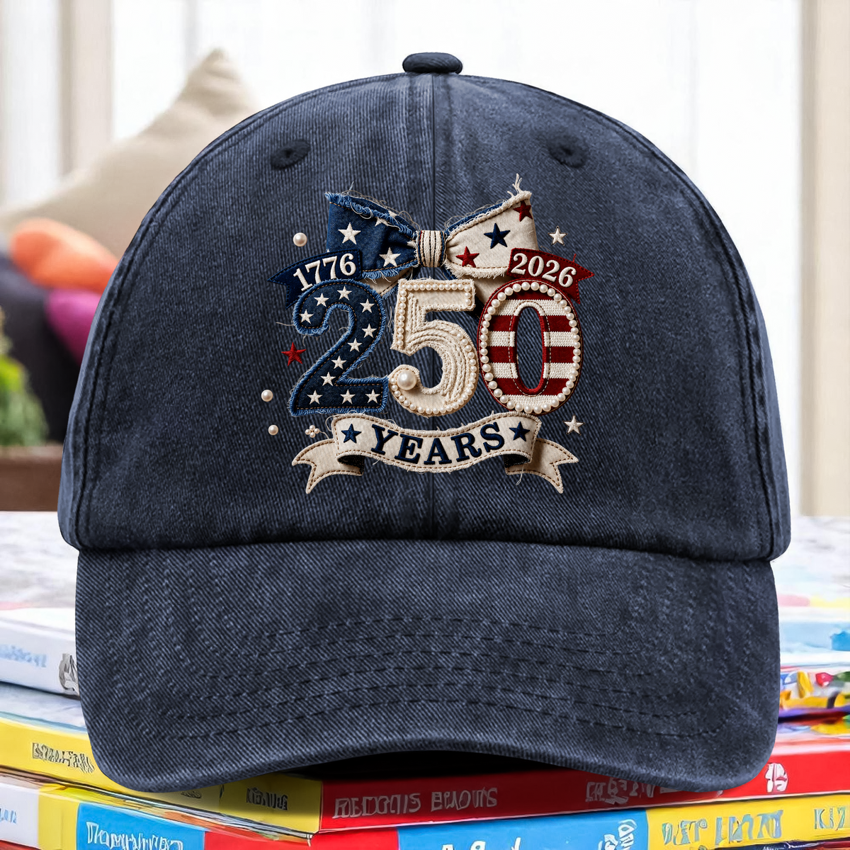 1776–2026 Patriotic 250 Years Independence Day Embroidered Effect Washed Denim Baseball Cap LM32 668915