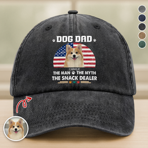 Custom Photo Dog Dad The Man The Myth The Snack Dealer - Personalized Washed Denim Baseball Cap CH07 896470