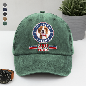 Custom Photo Dog Bless America 250 Years Washed Denim Baseball Cap TH10 896913