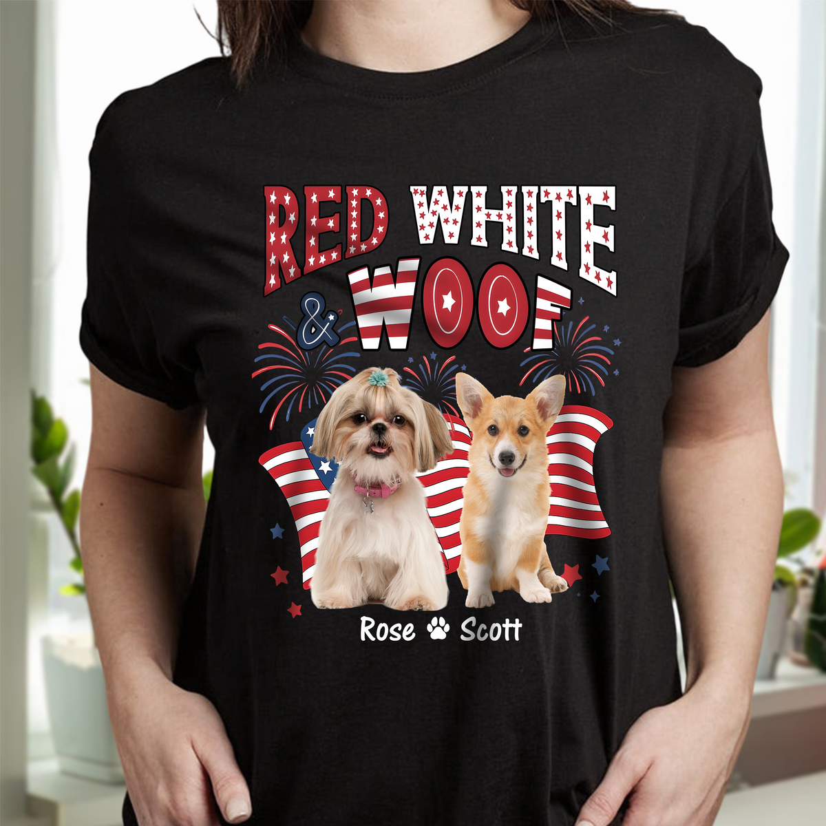 Custom Dog Photo Red White Woof Dark Shirt HA75 892642