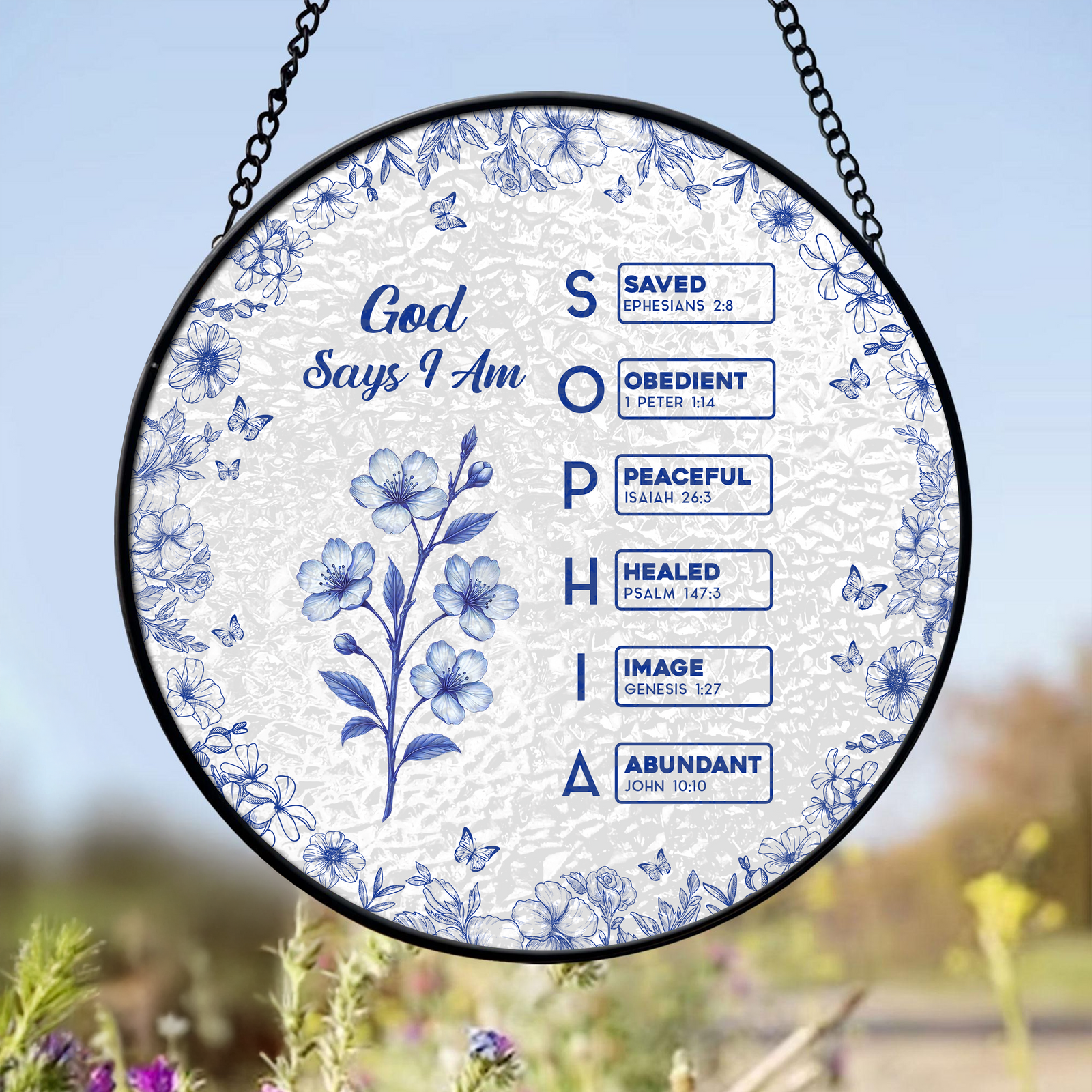 God Says I Am Name Letter In Bible Toile De Jouy Style - Personalized Stained Glass Suncatcher CH07 896962