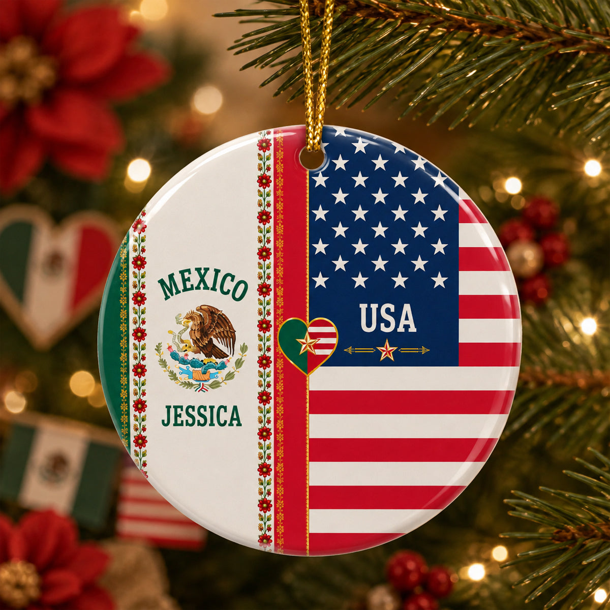 Custom Name Mexican American Flag Ceramic Ornament, Patriotic Gift for Mestizo CH07 180392