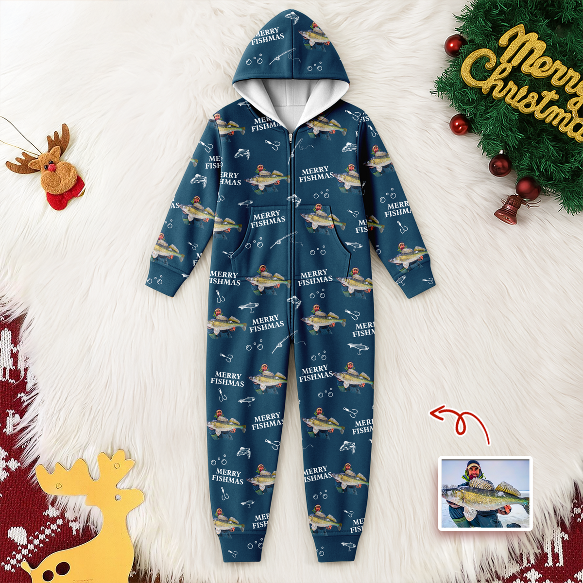 Custom Photo Merry Fishmas Onesie Pajamas Christmas Gift For Fishing Lovers, Fisherman HA75 898254