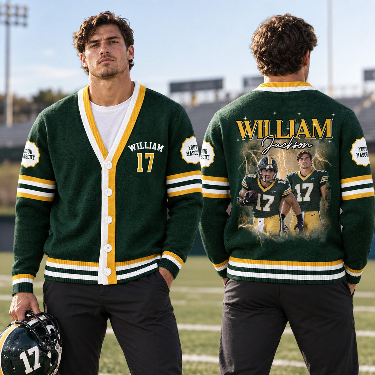 Personalized Football Photo Varsity V-neck Cardigan Football Player Gift HO82 903660