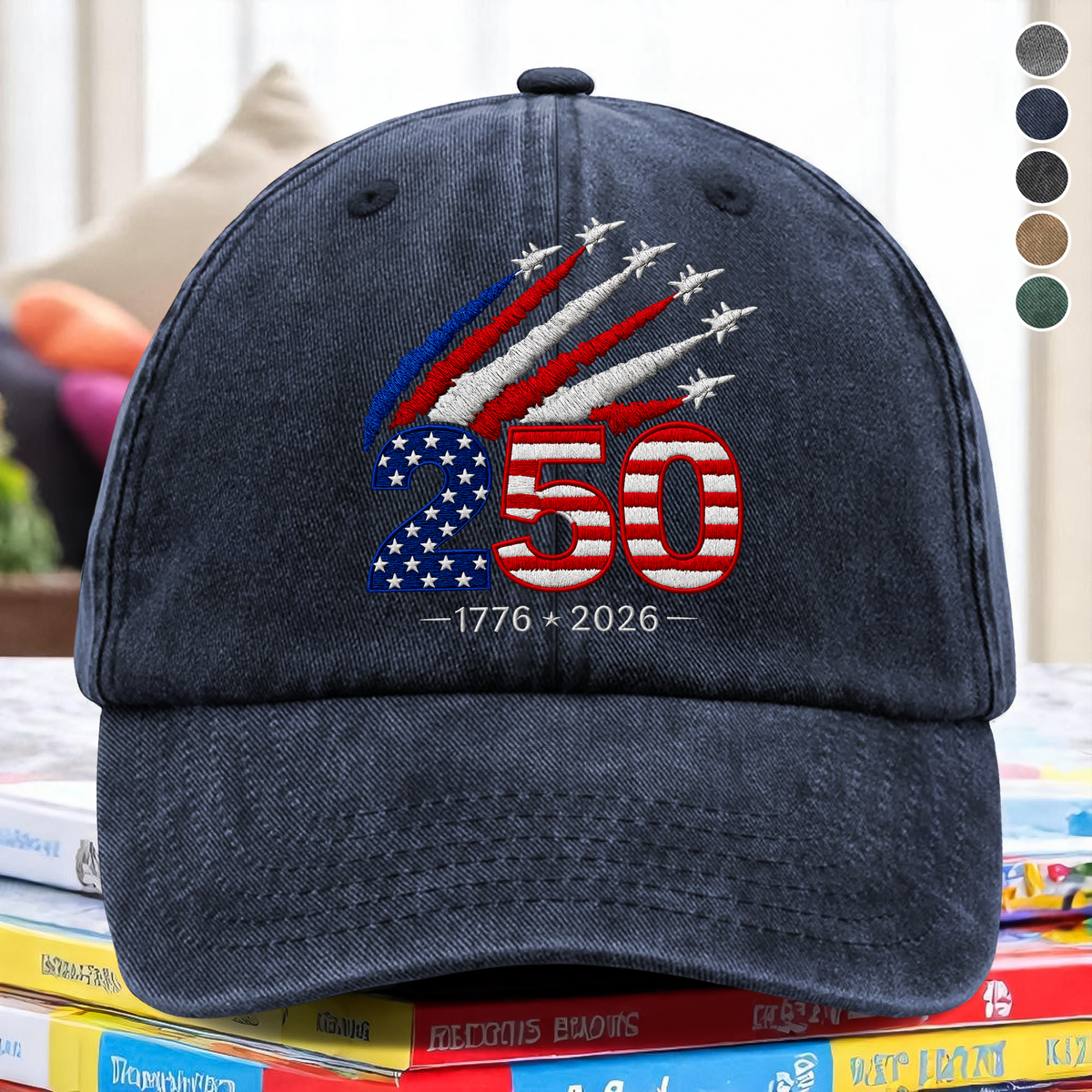 1776–2026 250 Years America Anniversary Embroidered Effect Washed Denim Baseball Cap LM32 668919