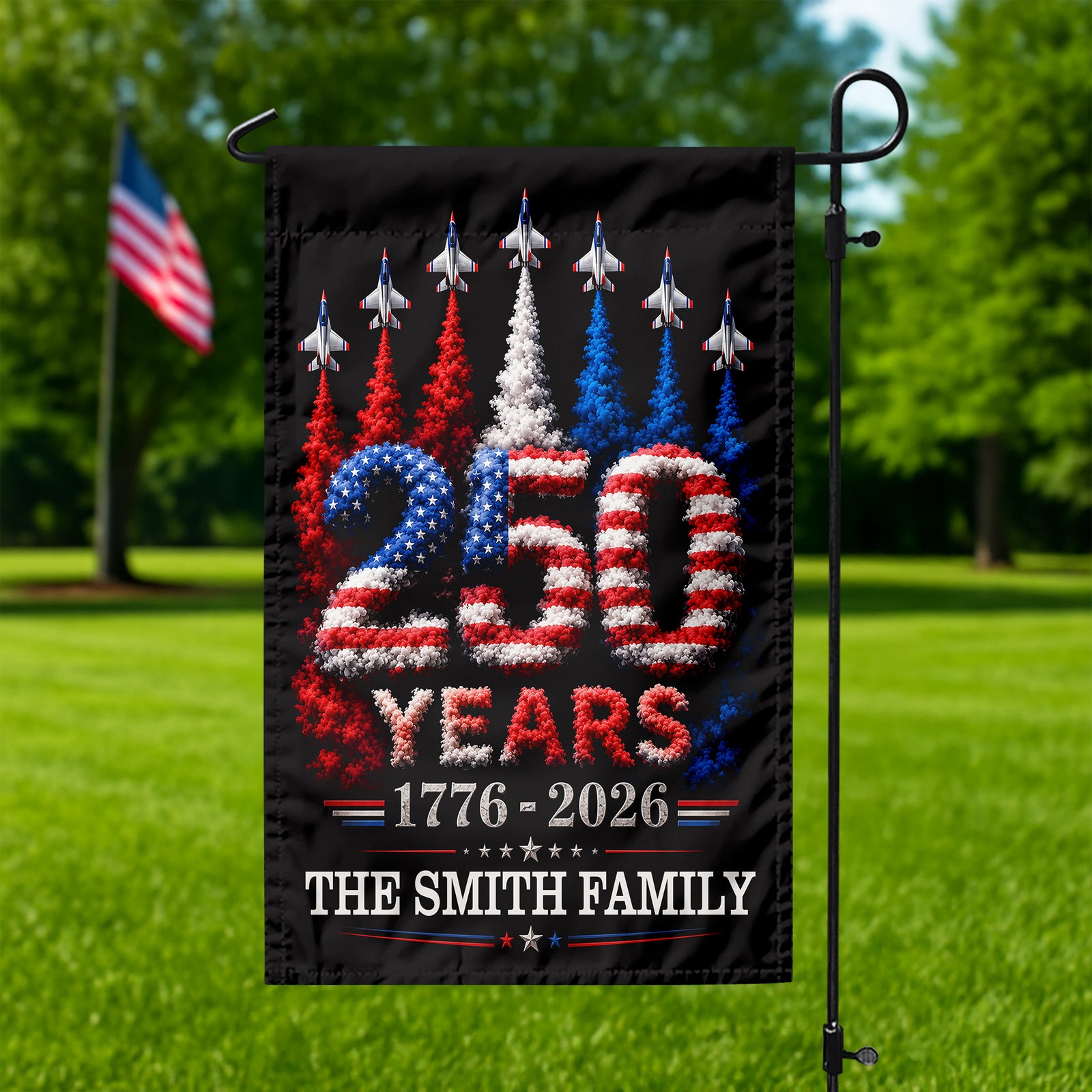 Custom Family Name US 250 Years 1776–2026 Patriotic Jets Garden Flag LM32 669177