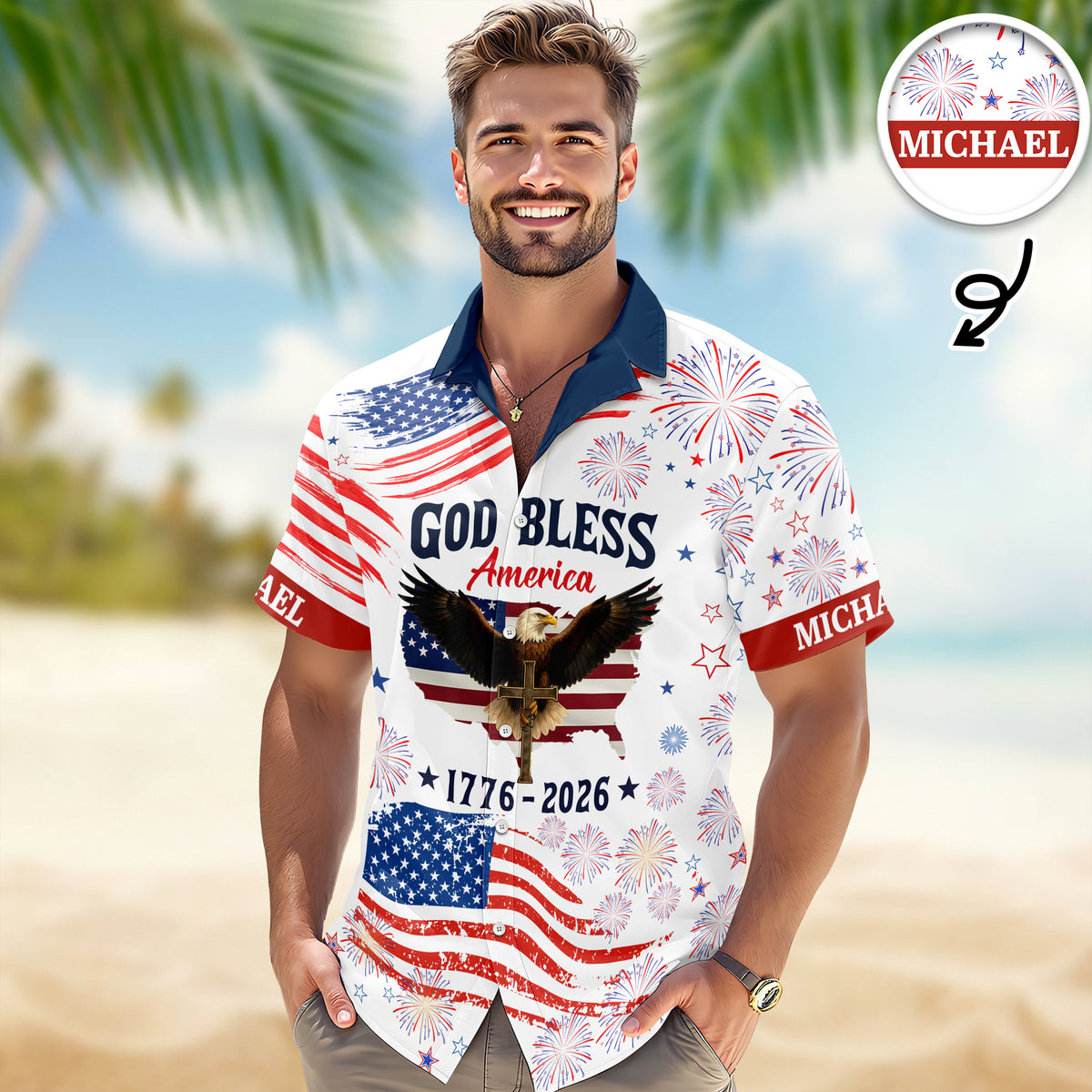 Custom Name Patriotic 250th Anniversary God Bless America Eagle Hawaii Shirt HO82 901200