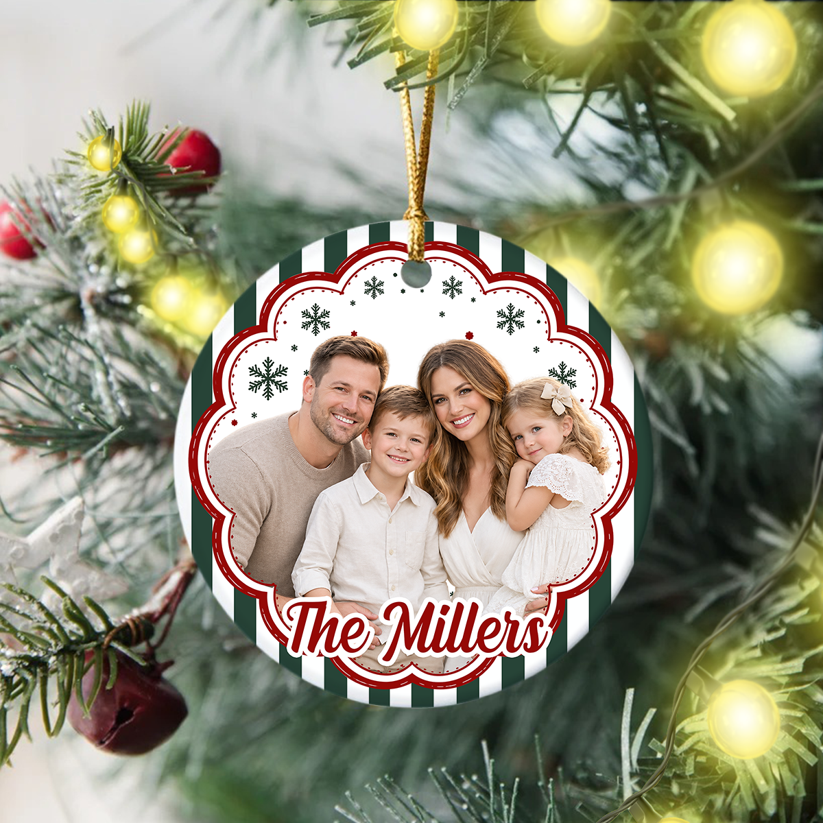 Custom Family Photo Striped Pattern Ceramic Christmas Ornament HA75 922130