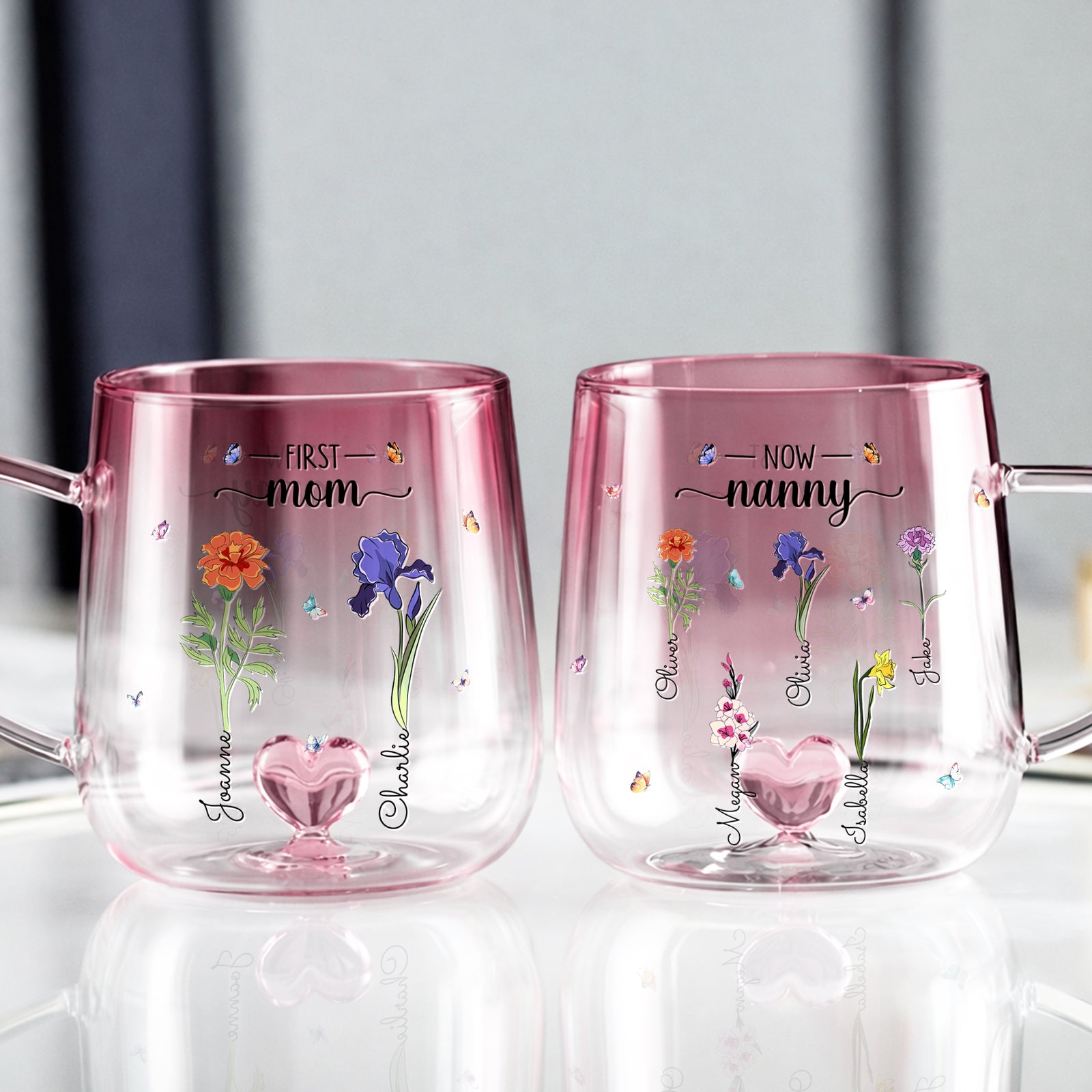 Personalized First Mom Now Grandma Birth Month Flowers Pink Gradient Glass Mug HO82 901796