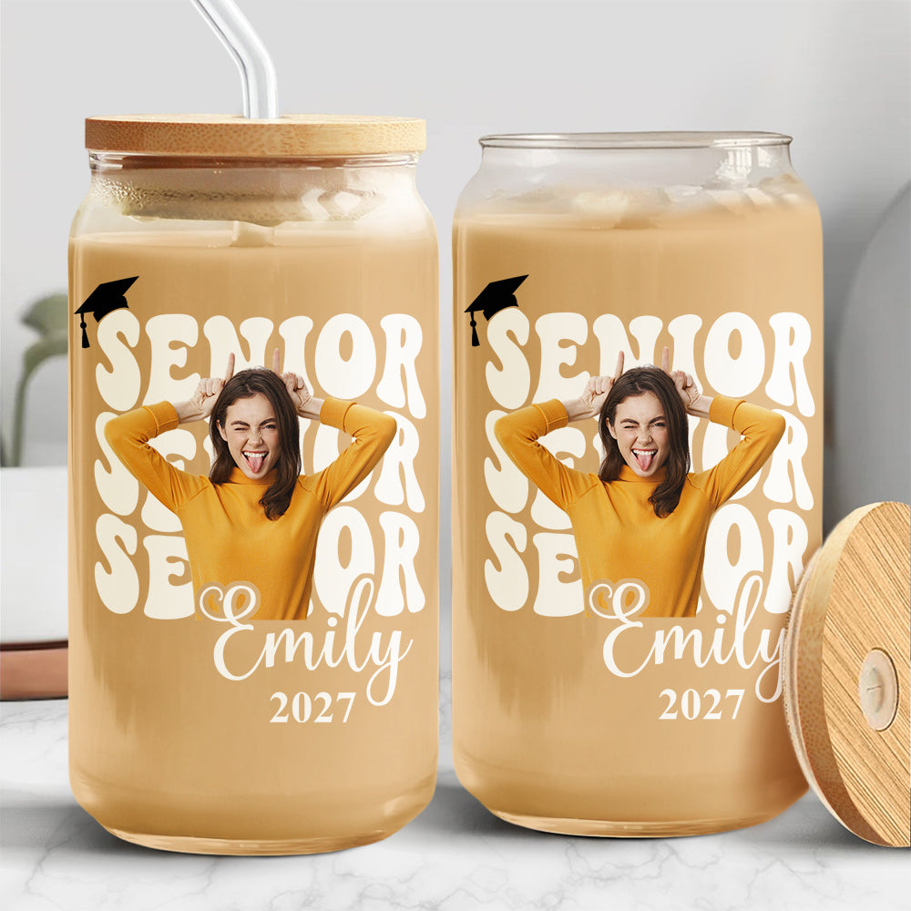 Custom Photo Senior 2027 Glass Can With Lid Back to School Gift for Senior HA75 921974