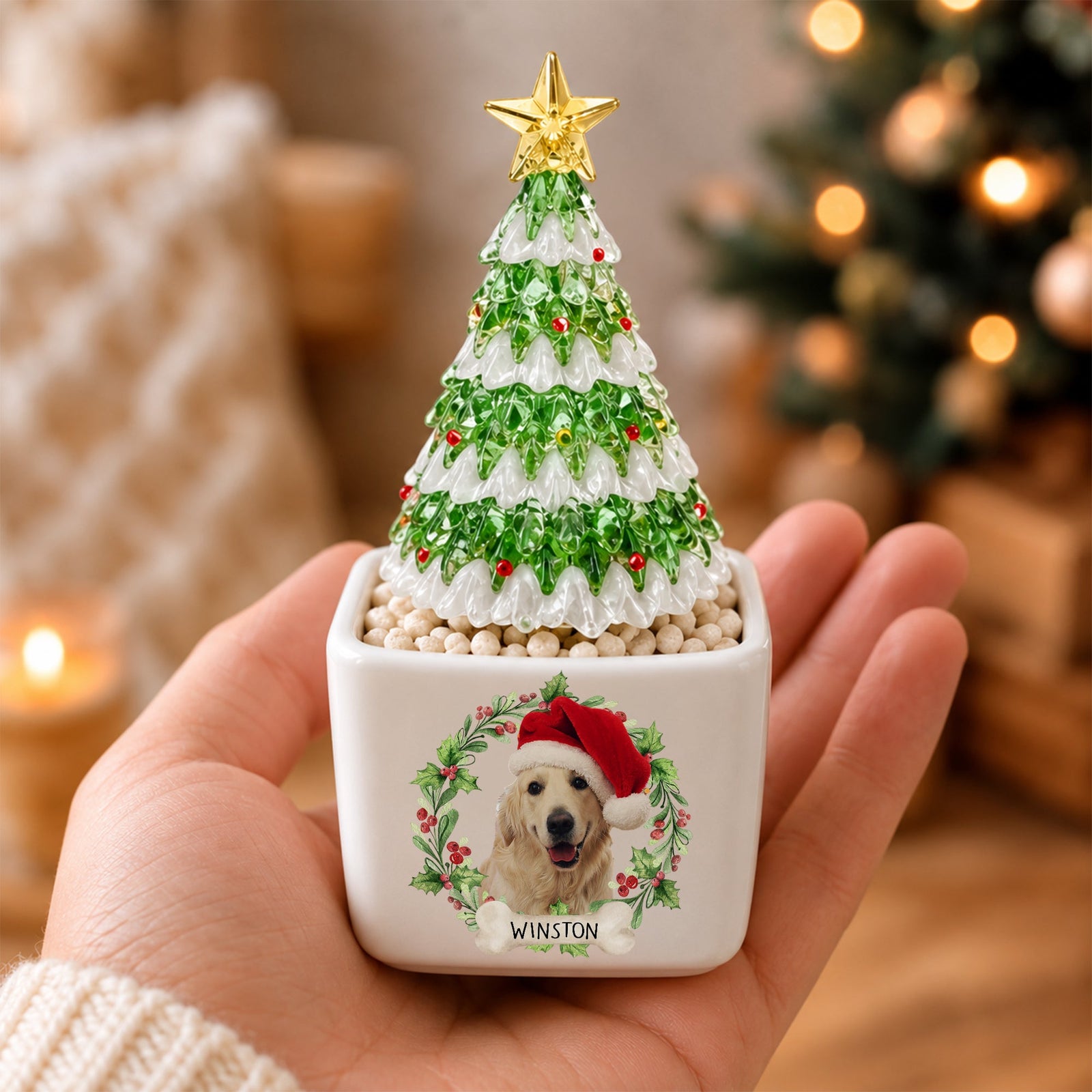 Custom Dog Cat Photo Christmas Wreath Mini Ceramic Pot With Glass Christmas Tree HO82 903626