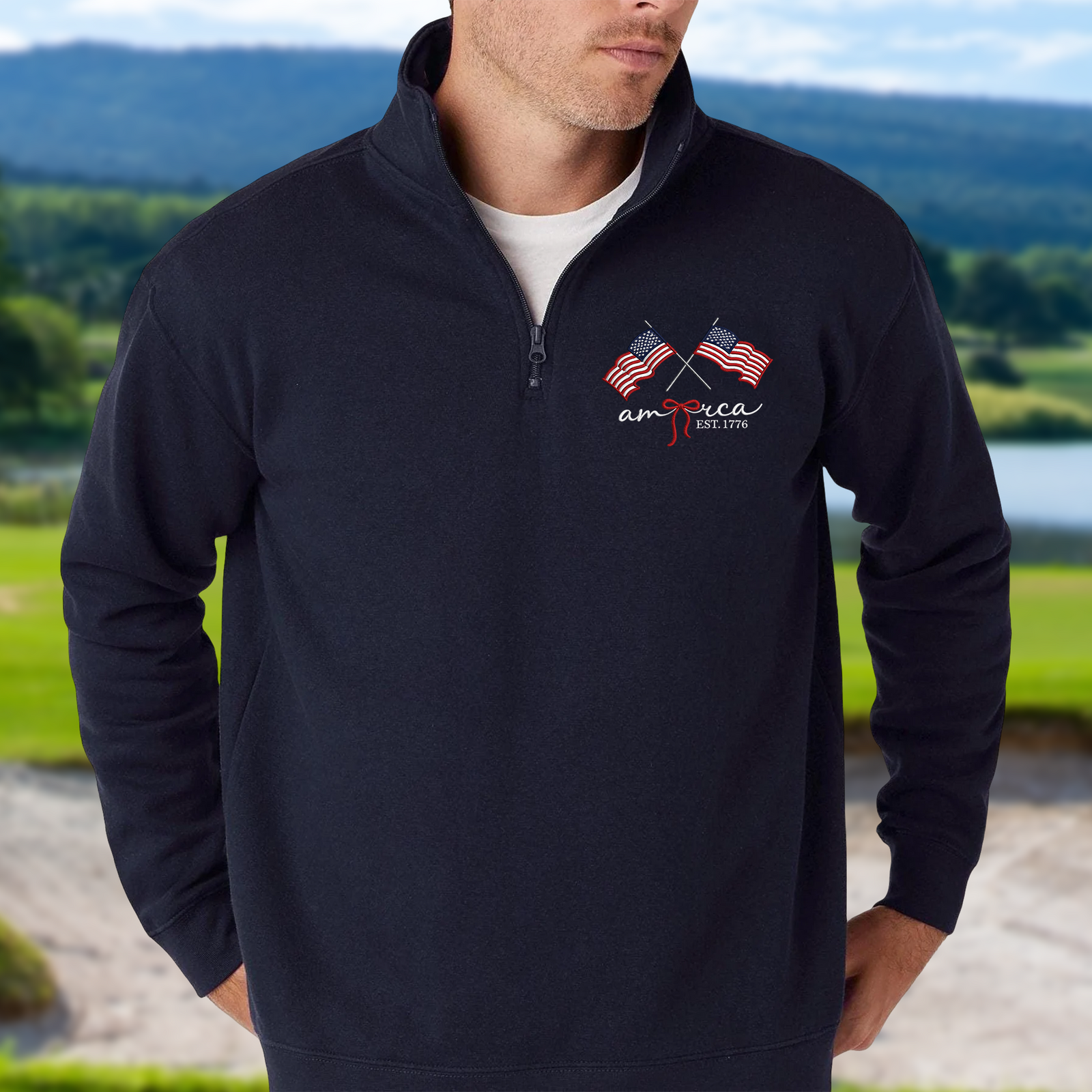 America EST. 1776 American Flag Patriotic Embroidered Quarter Zip Sweatshirt LM32 899587
