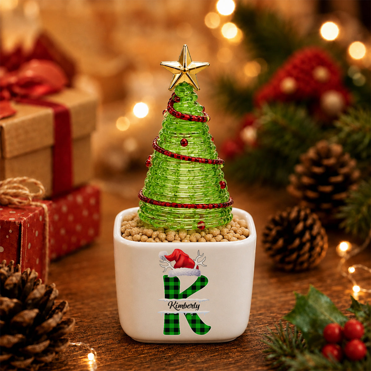 Custom Name Initial Letter Christmas Monogrammed Mini Ceramic Pot with Glass Christmas Tree HO82 903560