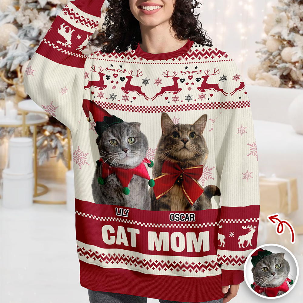 Custom Photo Cat Mom Pawlidays - Personalized Christmas Ugly Sweatshirt CH07 899372