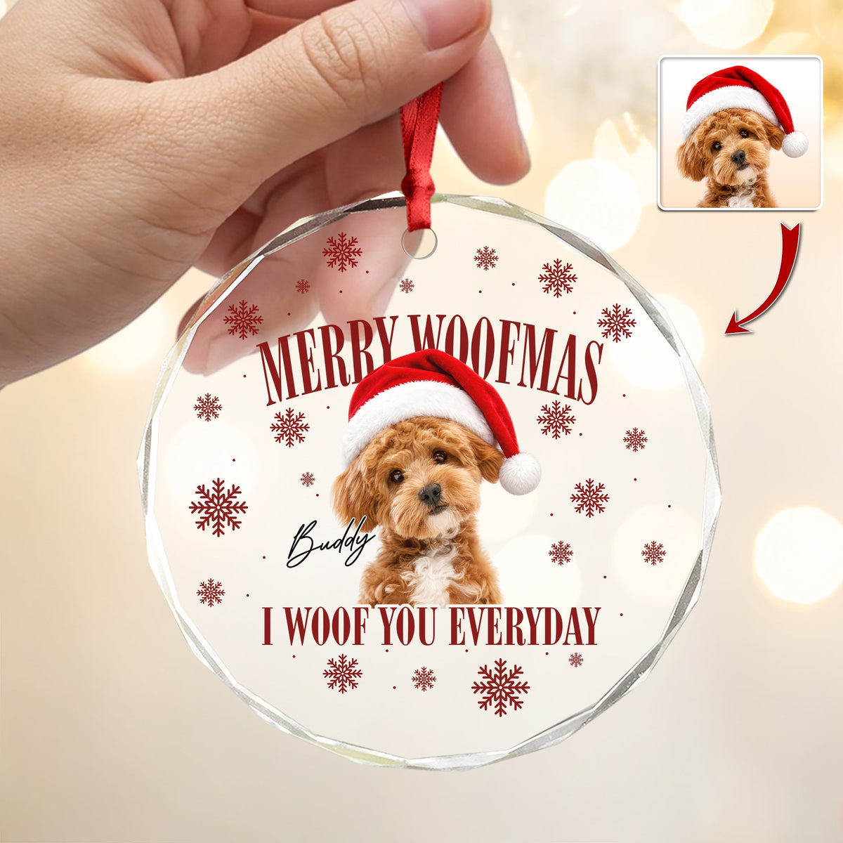 Custom Dog Photo Merry Woofmas Glass Ornament - Gift For Christmas, Dog Lovers Gift HO82 903312