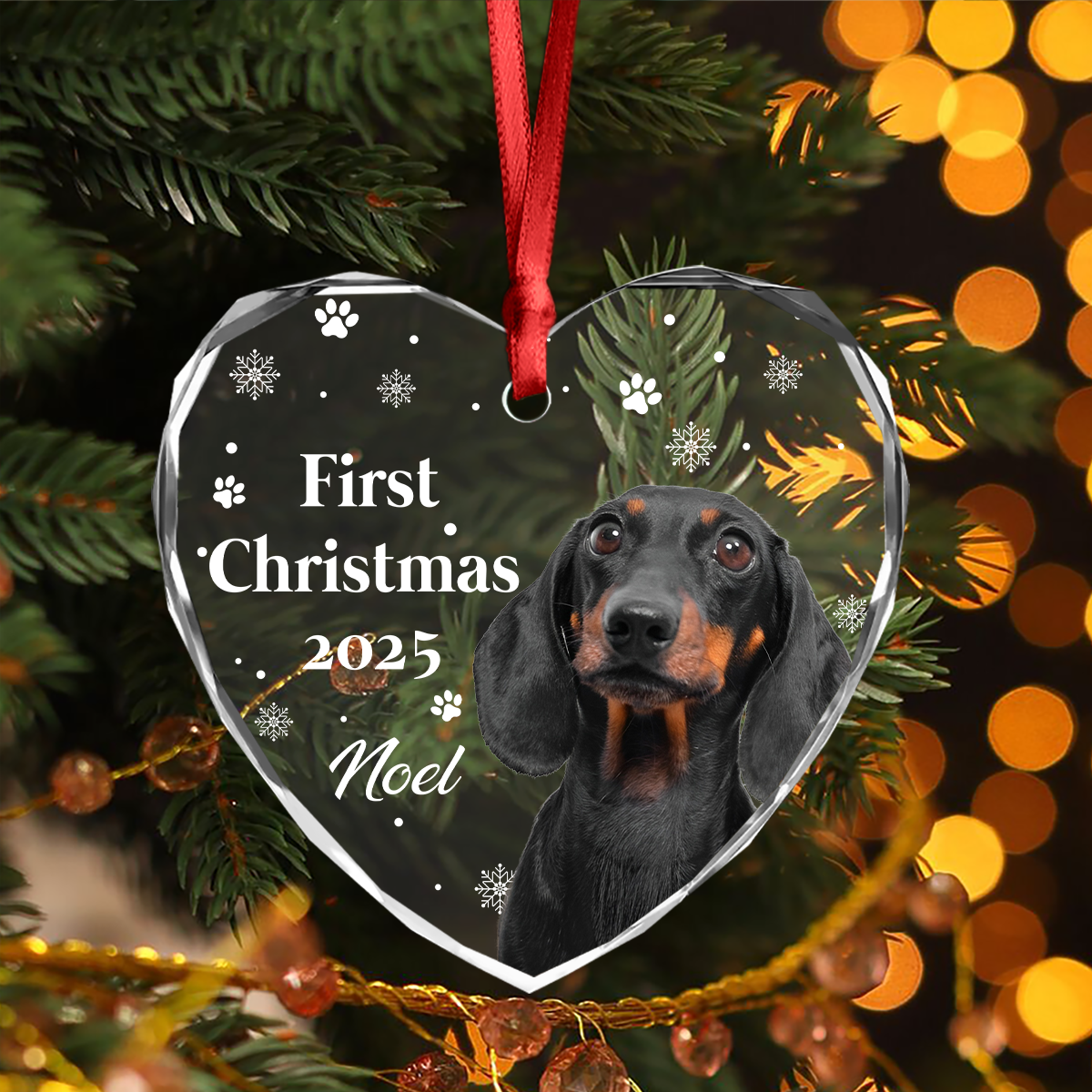 First Christmas With Cute Puppy And Snowflakes Custom Dog Photo Heart Glass Ornament CH07 896390