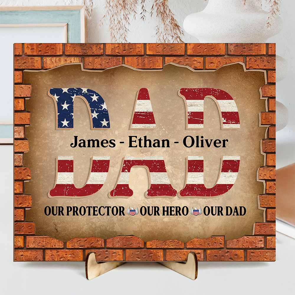 Personalized Gift For Dad American Flag and Red Brick 2-Layered Wooden Plaque With Stand LM32 893631