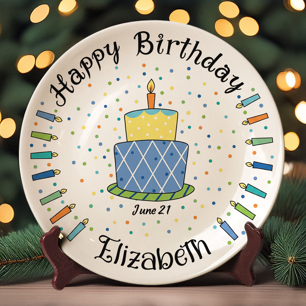 Custom Name Happy Birthday Cake & Candles Ceramic Plate - Personalized Birthday Gift LM32 669411