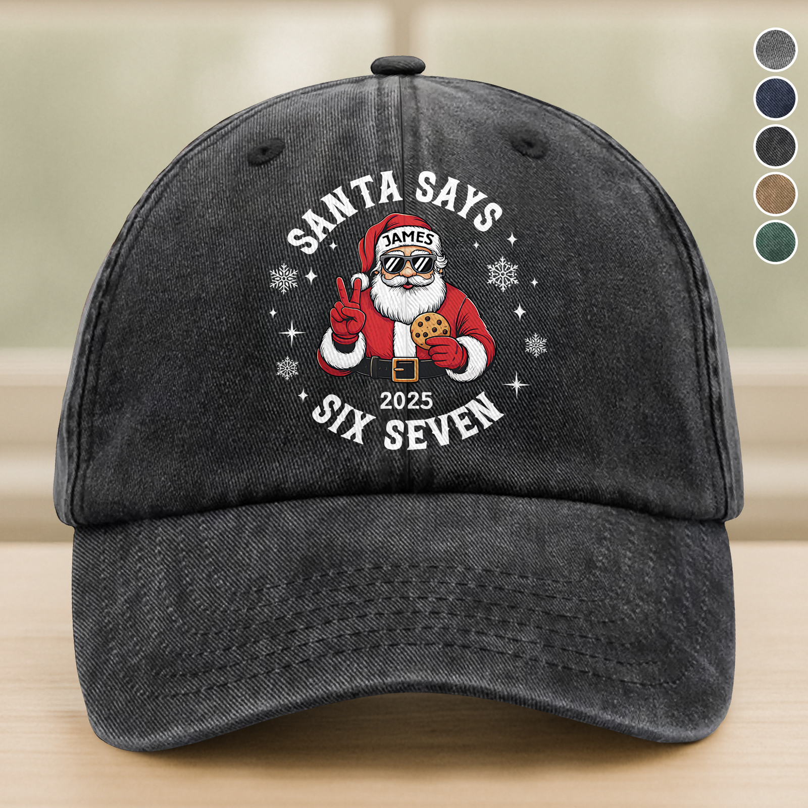 Custom Name Santa Says Six Seven Washed Denim Baseball Cap HA75 898432