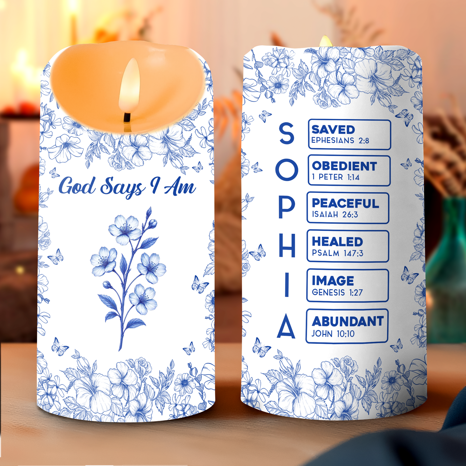 God Says I Am Name Letter In Bible Toile De Jouy Style - Personalized Led Candle CH07 896958