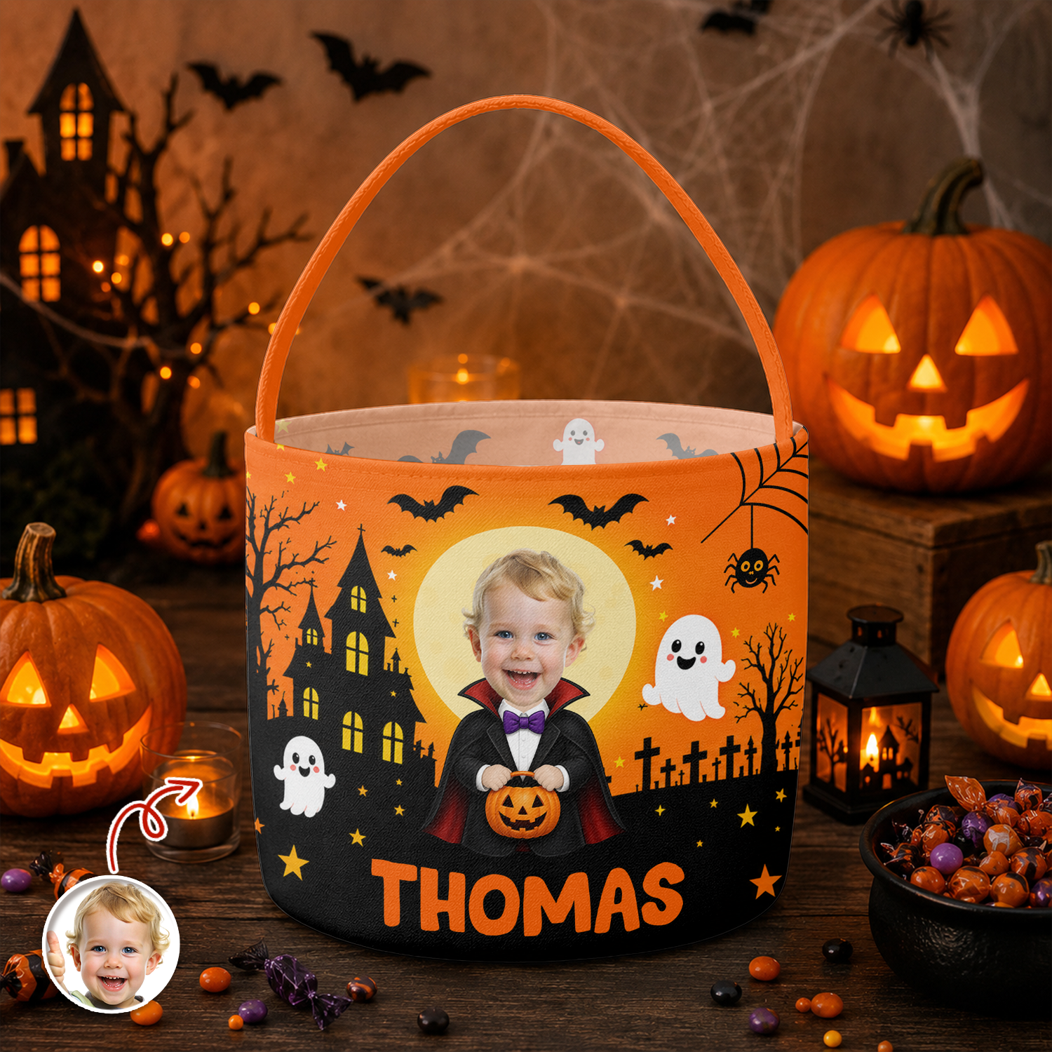 Custom Face Photo Little Vampire Trick or Treat Basket - Kids Halloween Gift HO82 903170