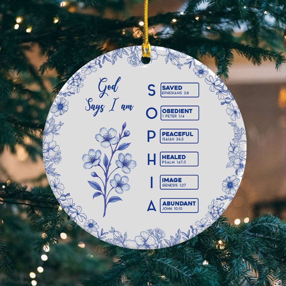 God Says I Am Name Letter In Bible Toile De Jouy Style - Personalized Ceramic Ornament CH07 896822