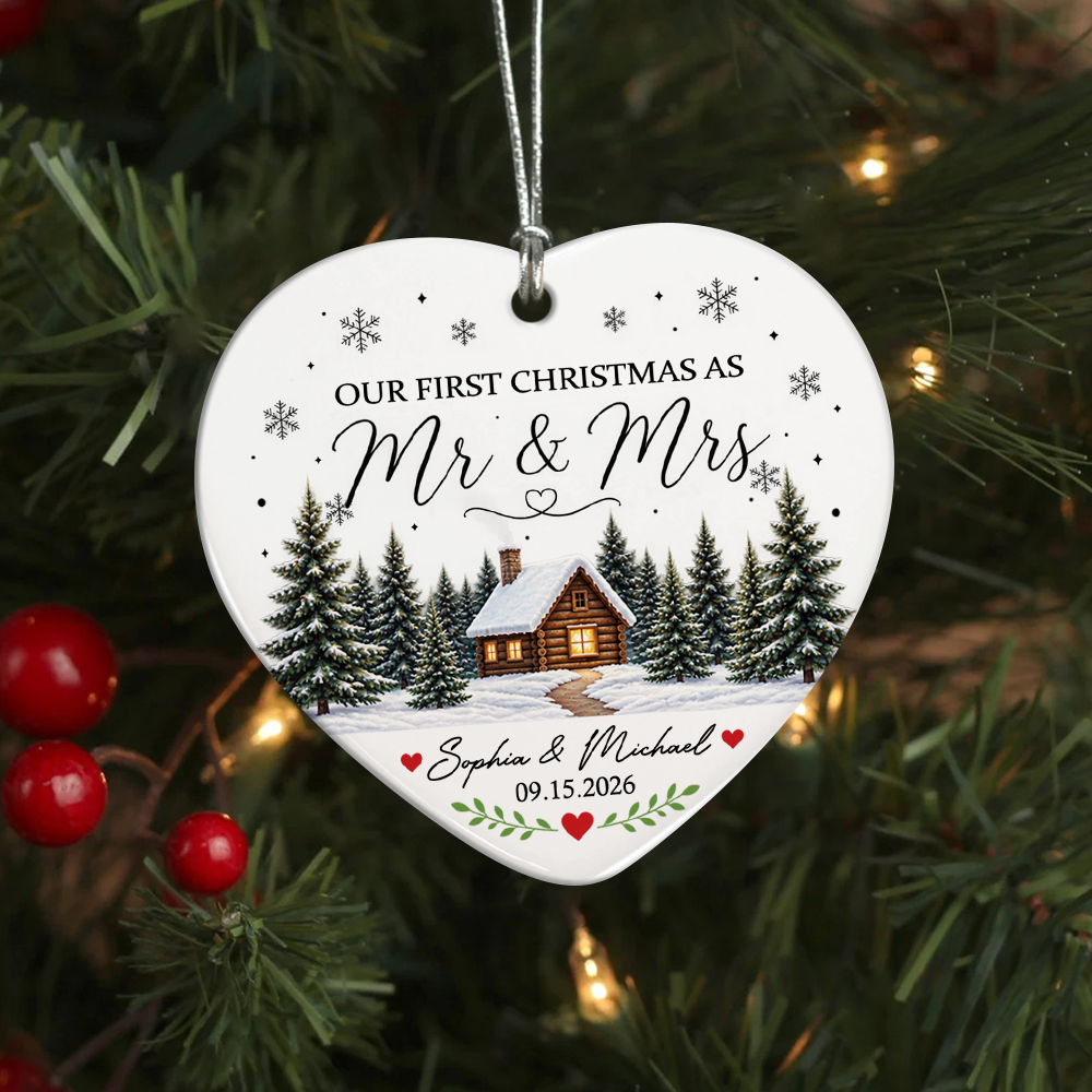 Custom Name Winter Cabin Our First Christmas As Mr & Mrs Married Ceramic Ornament, Newlywed Gift LM32 669871