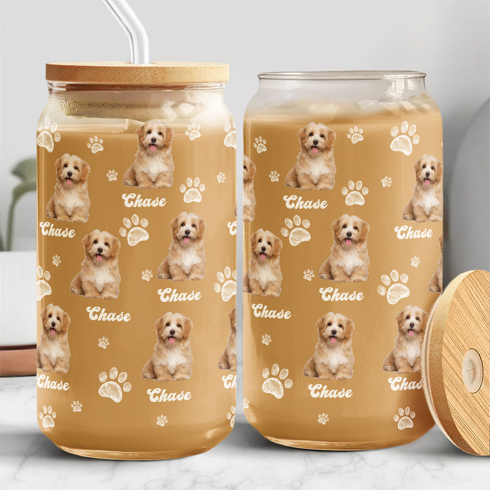 Custom Photo And Name With Dog Paw Glass Can With Lid Gift for Pet Lovers TH10 896783
