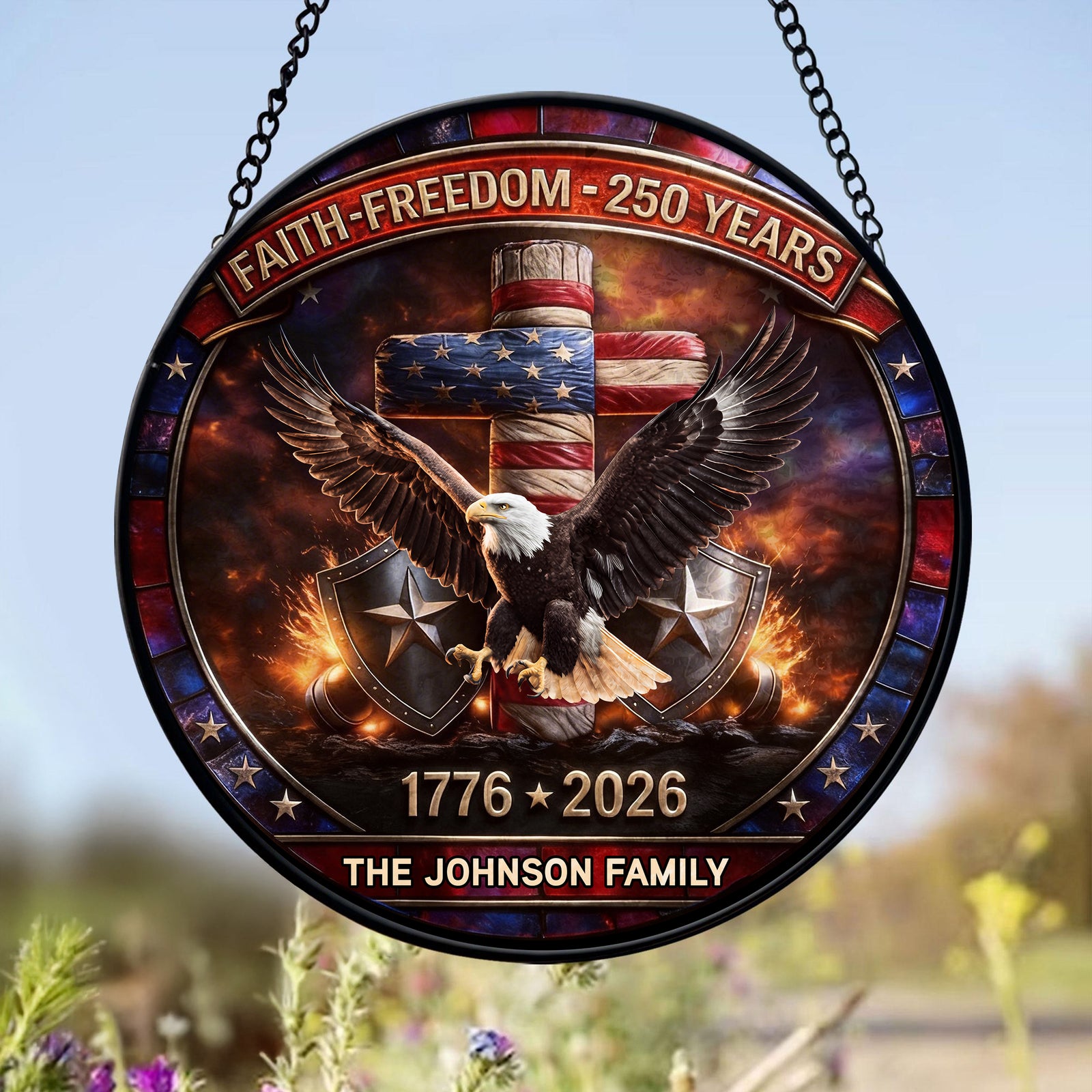 Custom Family Name 250 Years of Freedom 1776 - 2026 Eagle Patriotic Stained Glass Suncatcher HO82 901488