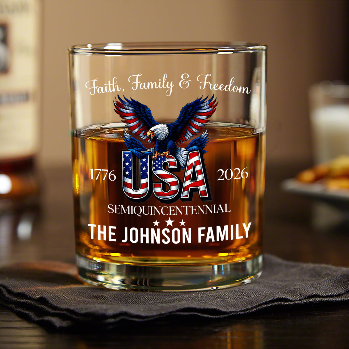 Custom Name Faith, Family & Freedom 250 Years of America Patriotic Whiskey Glass LM32 897719