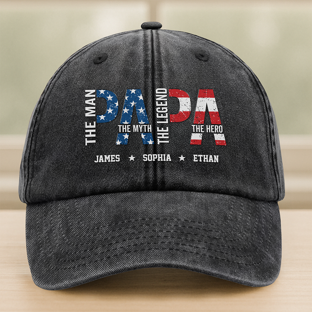 Papa The Man The Myth - Personalized Washed Denim Baseball Cap CH07 896016