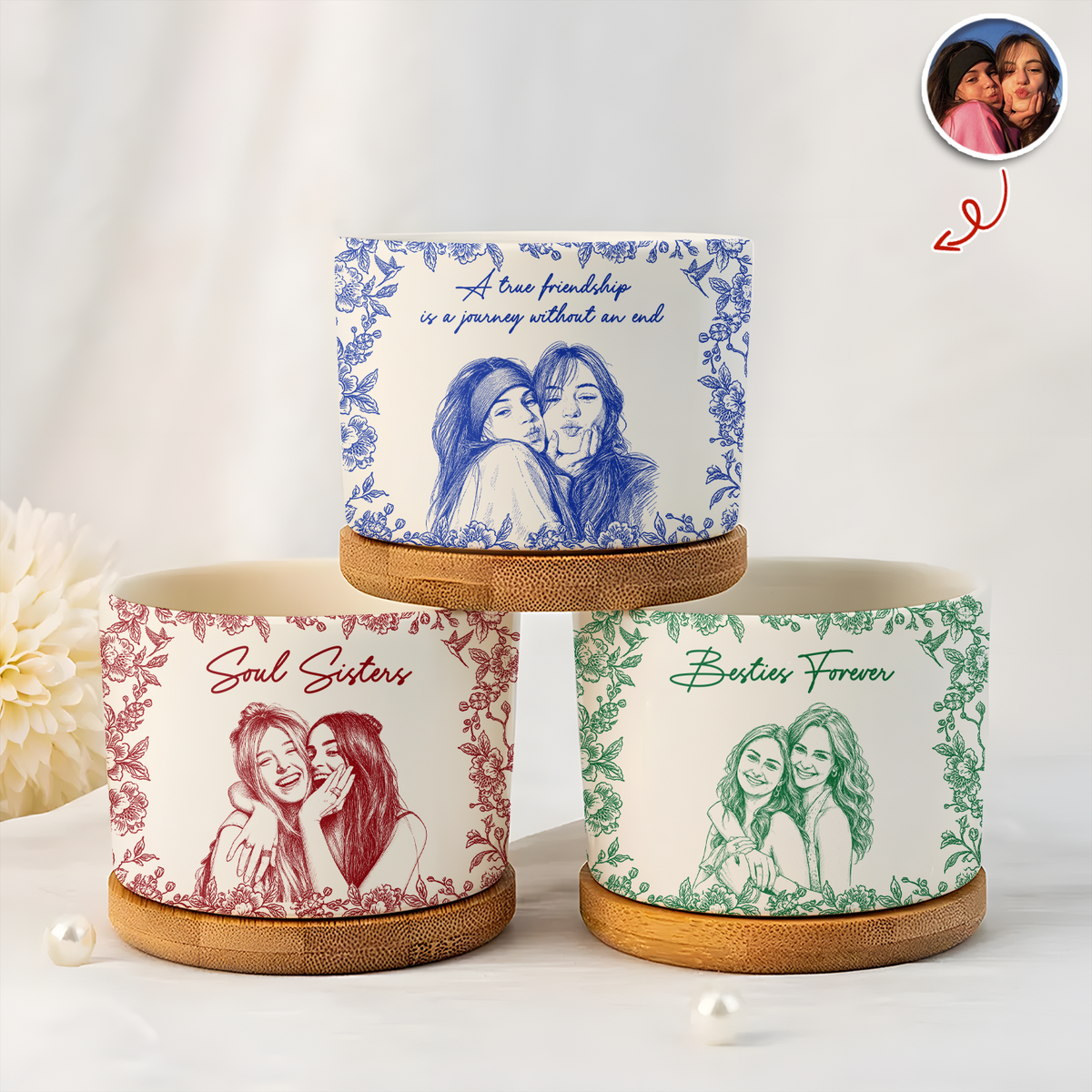 Custom Photo Pencil Sketch Soul Sister Toile Style Plant Pot – Personalized Gift for Besties HA75 921936
