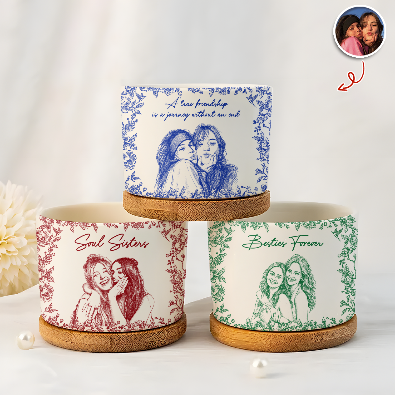 Custom Photo Pencil Sketch Soul Sister Toile Style Plant Pot – Personalized Gift for Besties HA75 921936