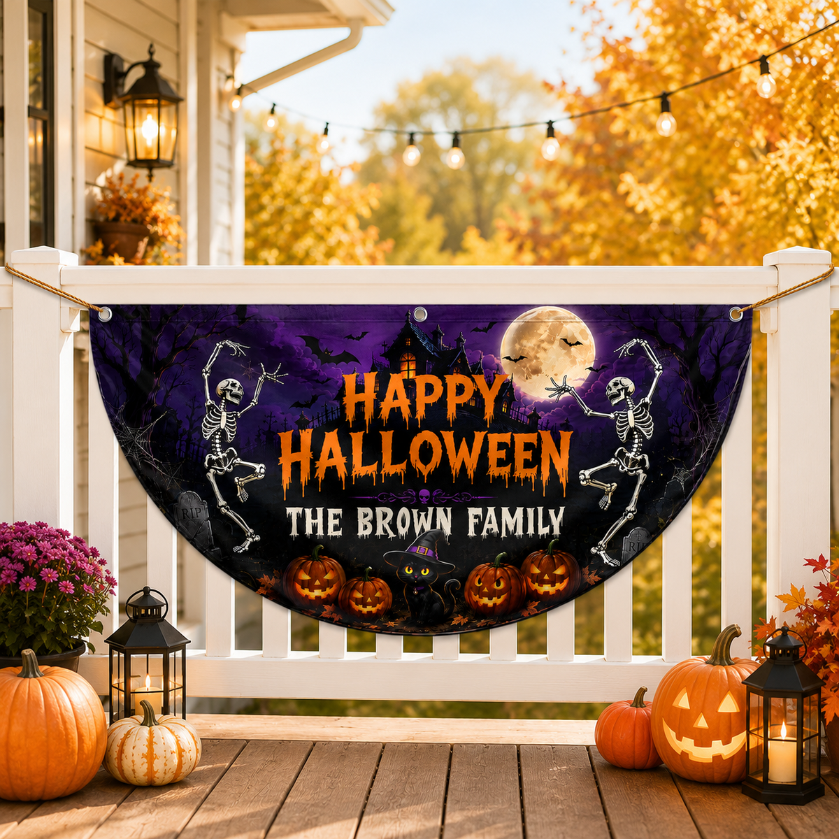 Custom Family Name Skeleton Pumpkin Happy Halloween Party Decor Non-Pleated Fan Flag LM32 669633